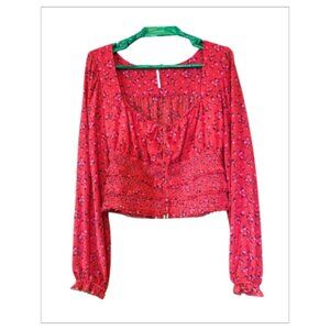 NWOT Red Floral FREE PEOPLE Half Top Size L (BB0231)